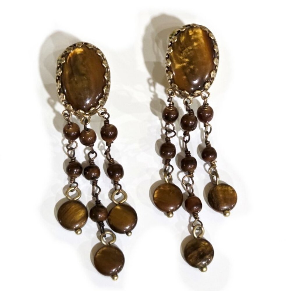 Stunning MONET Dangling Tiger Eye Clip-On Earrings